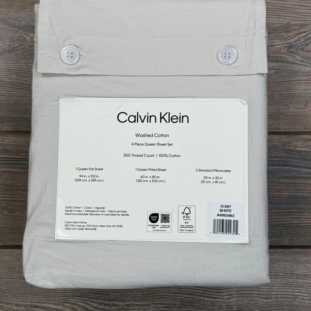 Calvin Klein Washed Cotton Queen Sheet‎ Set 4pc 300TC Grey NEW